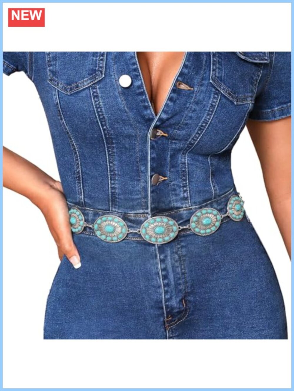 Metal Concho Turquoise Chain Belt Adjustable Cowgirl Western Waist Belt for